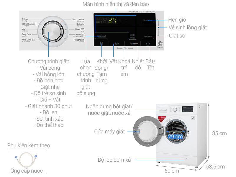 Thông số kỹ thuật Máy giặt LG Inverter 9 kg FM1209N6W