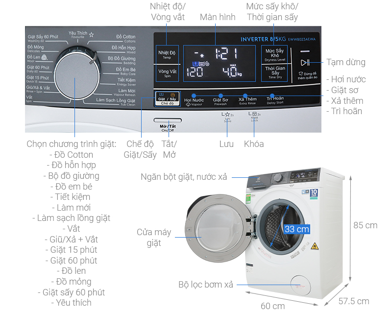 Thông số kỹ thuật Máy giặt sấy Electrolux Inverter 8 kg EWW8023AEWA