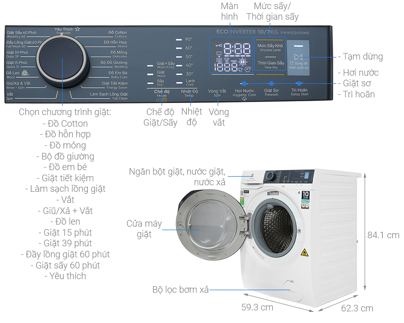 Máy giặt sấy Electrolux Inverter giặt 10 kg - sấy 7 kg EWW1024P5WB - Ảnh 2