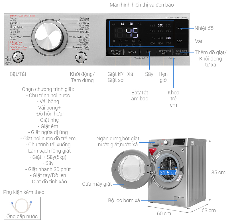 Máy giặt sấy LG Inverter 9 kg FV1409G4V - Ảnh 2