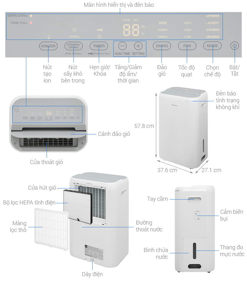 Máy hút ẩm kết hợp lọc không khí Daikin JPF12AV2 23L/ngày  - Ảnh 2