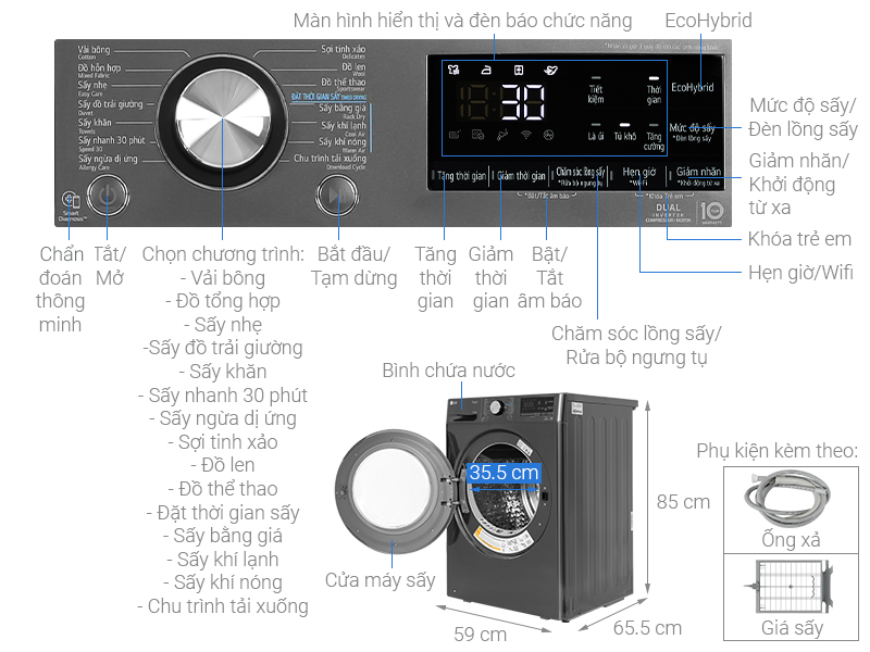 Máy sấy bơm nhiệt LG Inverter 10.5 kg DVHP50B - Ảnh 2